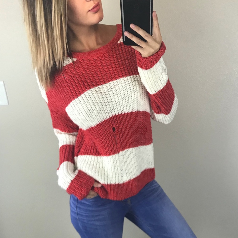 Red & White Striped Distressed Sweater - Picture 2 of 5